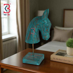 KB ART 11 Inch Wooden Handcarved Half Horse Head Statue with Stand – Turquoise Distress Antique Look Table Decor with Gold Touch