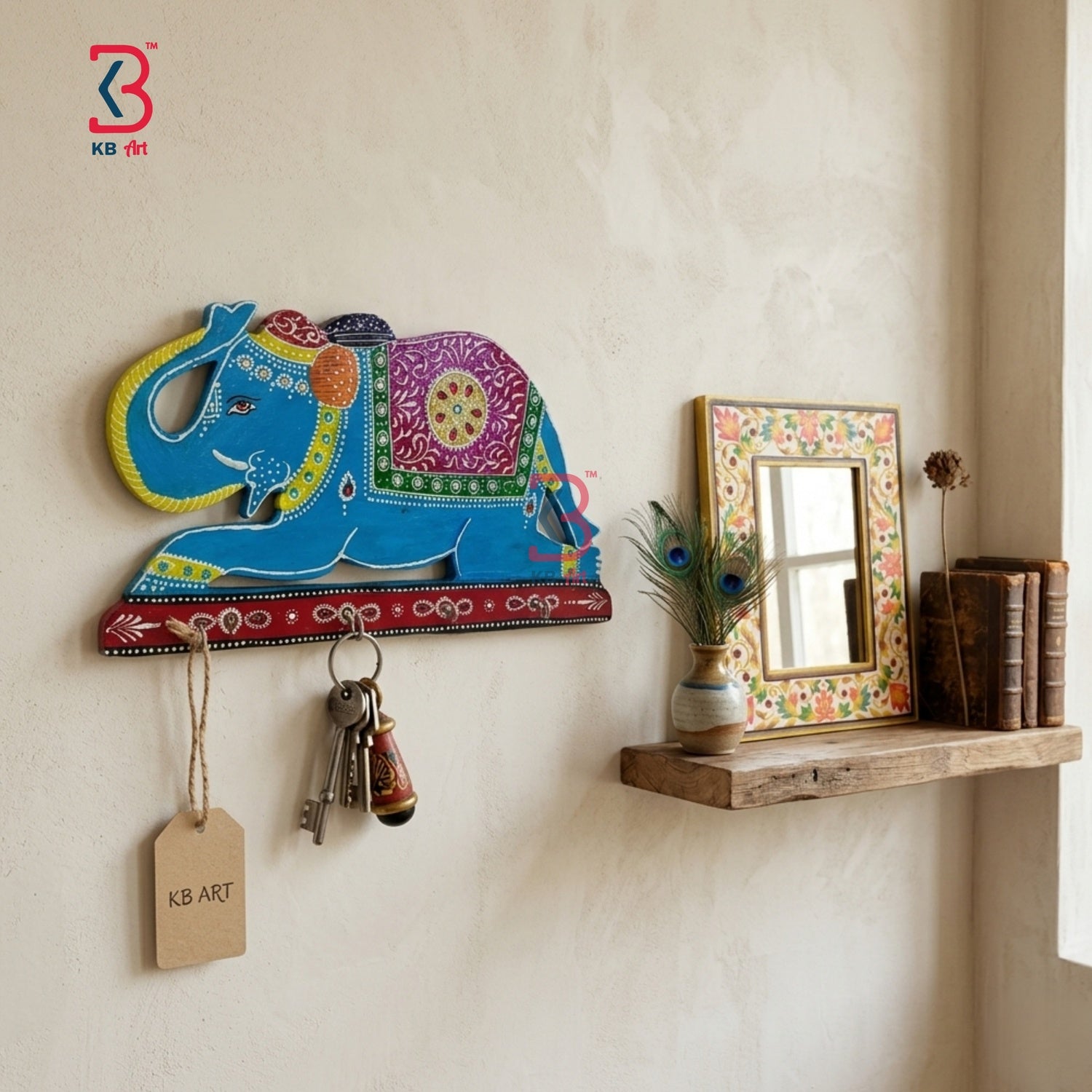 KB ART Elephant Key Stand Hook Stand - Front View of Handcrafted Detailing - Handcrafted Wooden Decor Jodhpur