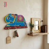KB ART Elephant Key Stand Hook Stand - Front View of Handcrafted Detailing - Handcrafted Wooden Decor Jodhpur