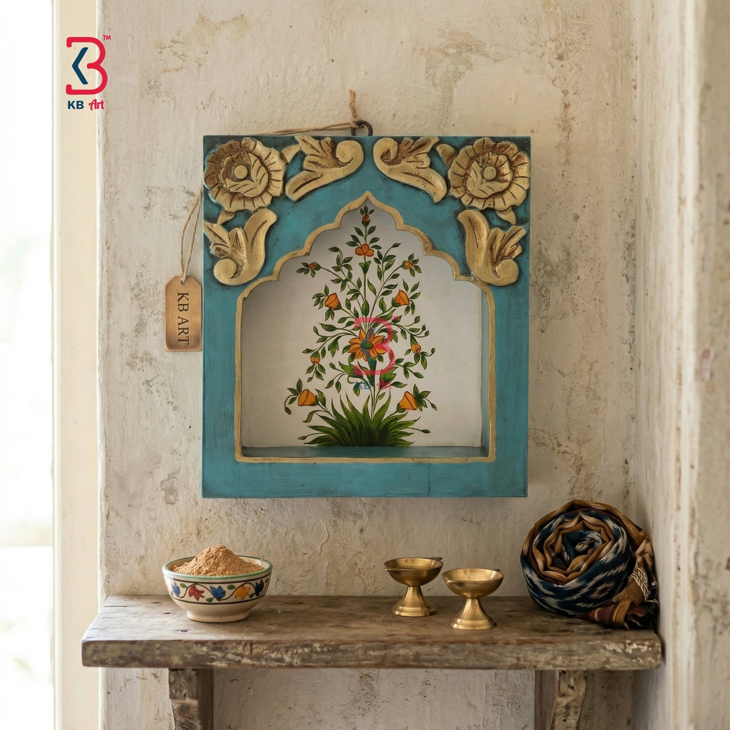 KB ART traditional hand-painted wooden jharokha wall frame model KB-402 featuring a turquoise body, carved golden top scrolls, and a hand-painted Mughal floral motif.