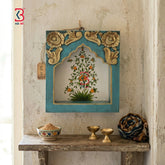 KB ART traditional hand-painted wooden jharokha wall frame model KB-402 featuring a turquoise body, carved golden top scrolls, and a hand-painted Mughal floral motif.