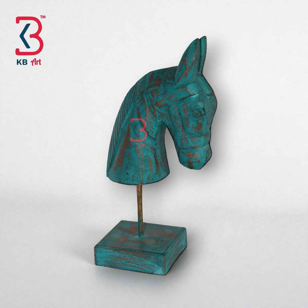 KB ART 11 Inch Wooden Handcarved Half Horse Head Statue with Stand – Turquoise Distress Antique Look Table Decor with Gold Touch