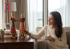 KB ART Wooden Gangaur Puppet Dolls - Styled Display in Home Interior Setting - Handcrafted Wooden Decor Jodhpur