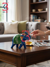 KB ART Ethnic Indian Wooden Elephant Showpiece Office Desk Handcrafted Indian - Hand Carved Wooden Elephant with Royal Blue Blanket