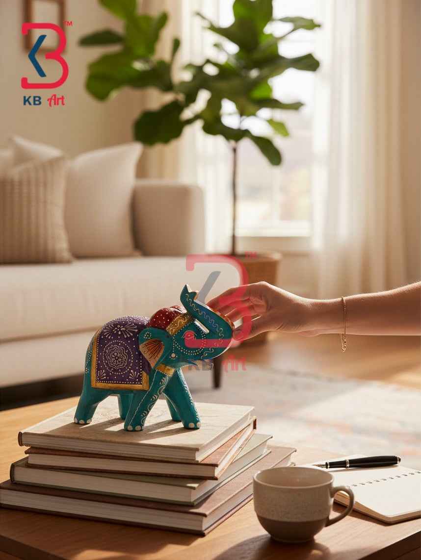 Auspicious Wooden Elephant Pair Single Piece Decor Handcrafted Indian Artisan Tabletop Showpiece Home Office Shelf Console Interior Styling Heritage Gift