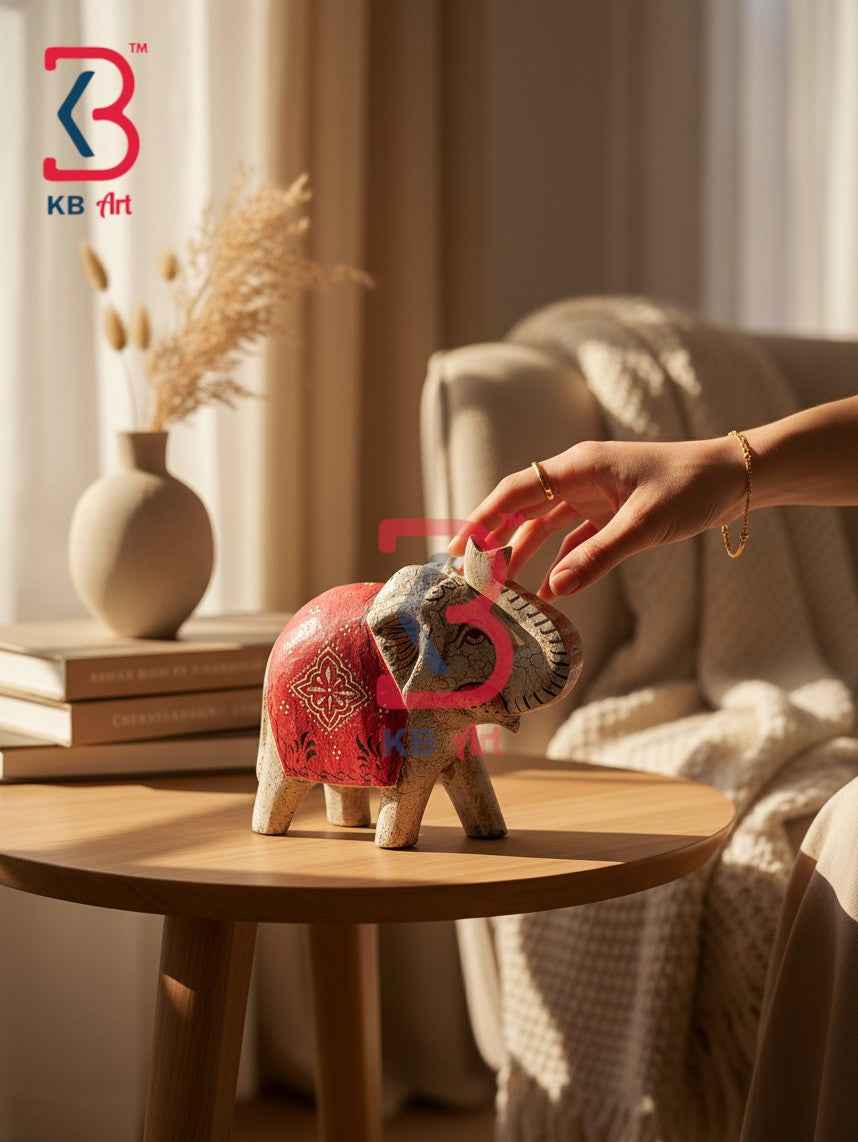 Trunk Up Wooden Elephant Statue Wealth Handcrafted Indian Artisan Tabletop Showpiece Home Office Shelf Console Interior Styling Heritage Gift Piece