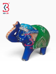 KB ART Artistic Wooden Elephant Sculpture Blue Saddle Handcrafted Indian Artisan - Artistic Wooden Elephant Sculpture with Blue Saddle