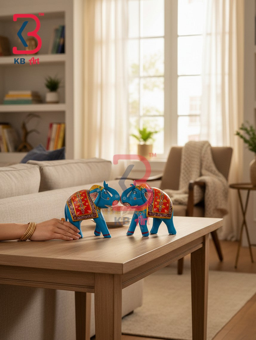 KB ART Royal Indian Wooden Elephant Figurine Home Styling Handcrafted Indian - Artistic Handcrafted Wooden Elephant Collector Edition