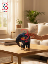 KB ART Hand Painted Dark Blue Wood Elephant Showpiece Trunk Down - Royal Blue Wooden Elephant Statue Gold Mandala Art