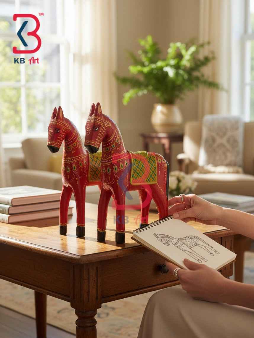 Royal Indian Carved Wood Horse Figurine Gift Handcrafted Indian Artisan Tabletop Showpiece Home Office Shelf Console Interior Styling Heritage Piece