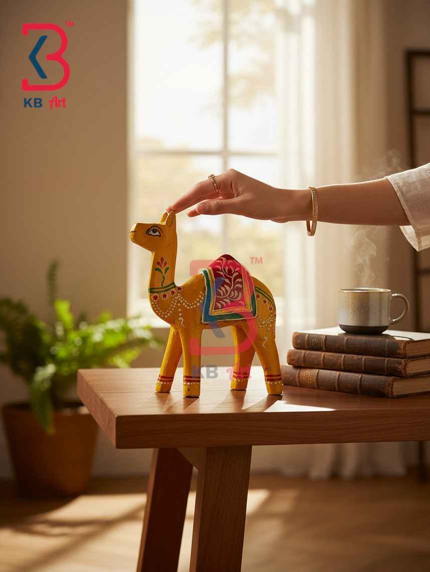 Royal Indian Carved Wood Yellow Camel Figurine Gift Handcrafted Indian Artisan Tabletop Showpiece Home Office Shelf Console Interior Styling Heritage