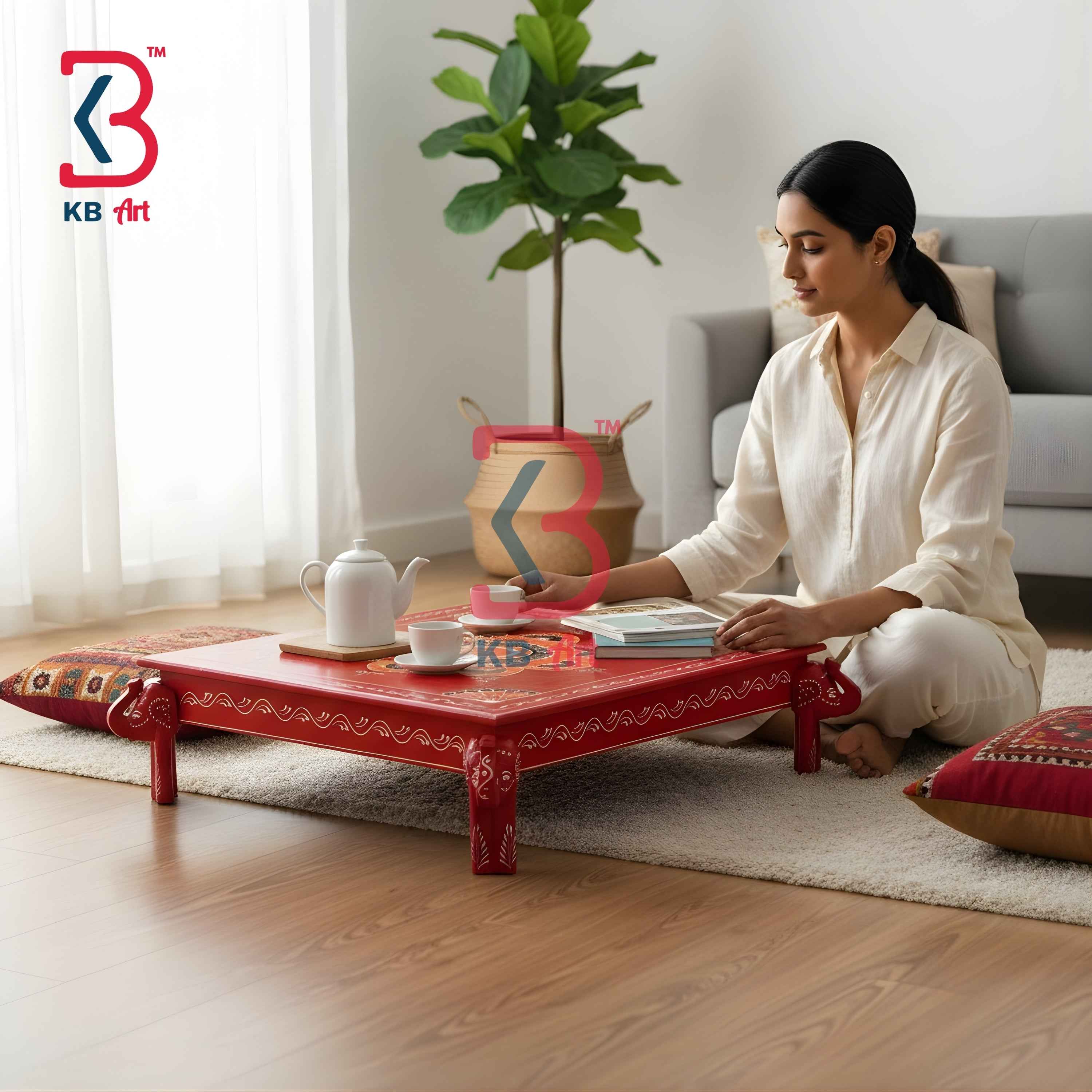 Ethnic Indian Hand Painted Square Wooden Chowki Table Home Decor Styling Traditional Artisan Furniture Accent Display Puja Mandir Ritual Festive