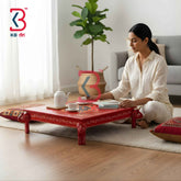 Ethnic Indian Hand Painted Square Wooden Chowki Table Home Decor Styling Traditional Artisan Furniture Accent Display Puja Mandir Ritual Festive