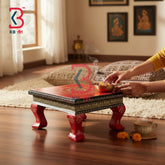 KB ART Wooden Chowki KB-5074 - hand painted finish featuring square motif design, handmade Jodhpur wood decor