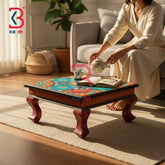 Decorative Wood Pooja Asan Stool Top Angle View Indian Home Decor Styling Traditional Artisan Furniture Accent Display Puja Mandir Ritual