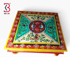 Solid Wood Hand Painted Chowki Mandir Decor Misri Art Indian Home Styling Traditional Artisan Furniture Accent Display Puja Ritual Festive