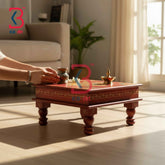 Decorative Puja Mandir Wooden Chowki Low Platform Indian Home Decor Styling Traditional Artisan Furniture Accent Display Ritual Festive Interior Heritage