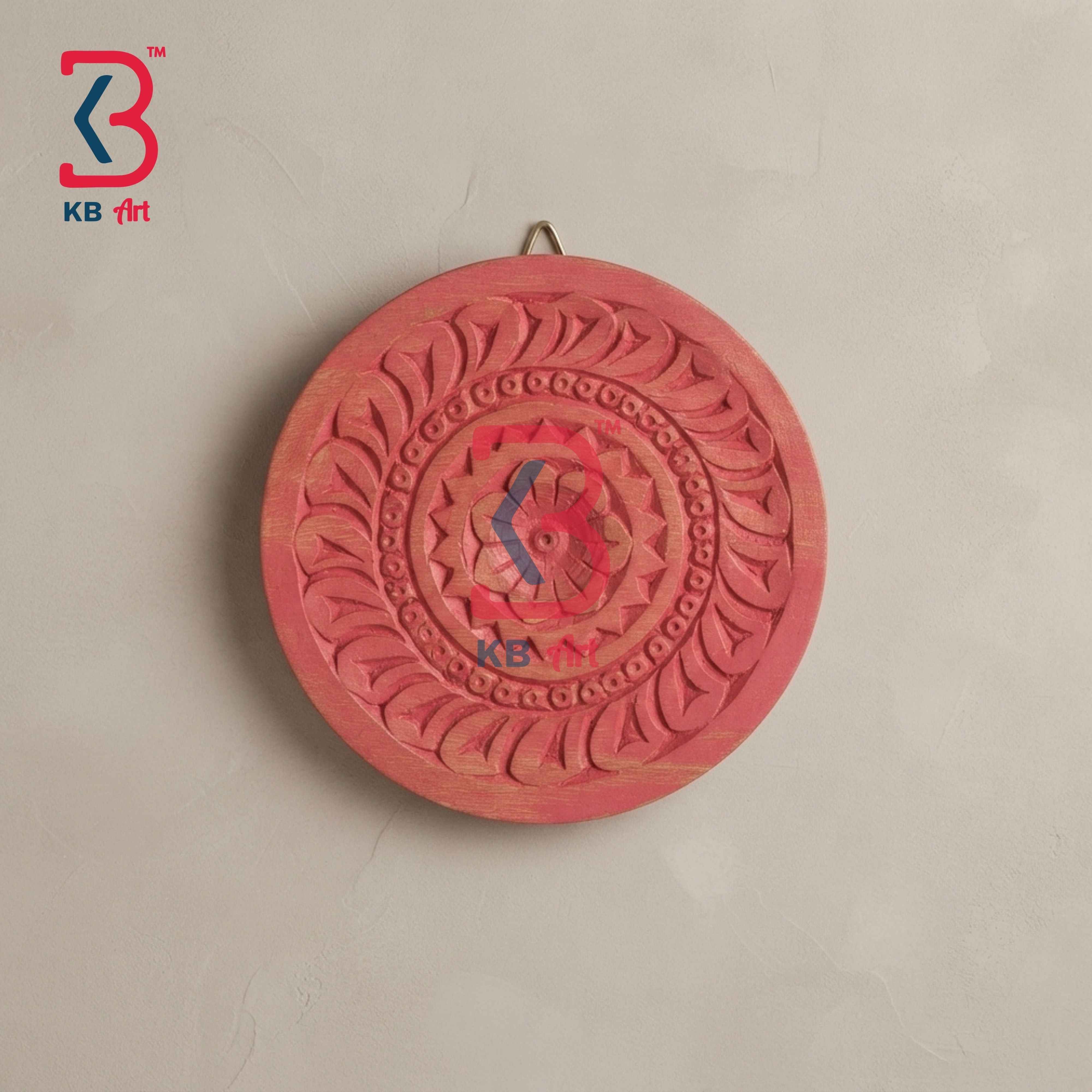 KB ART 12 Inch Handcrafted Wooden Carved Wall Plate Dusty Rose Pink Distressed Mandala Floral Panel Wall Decor