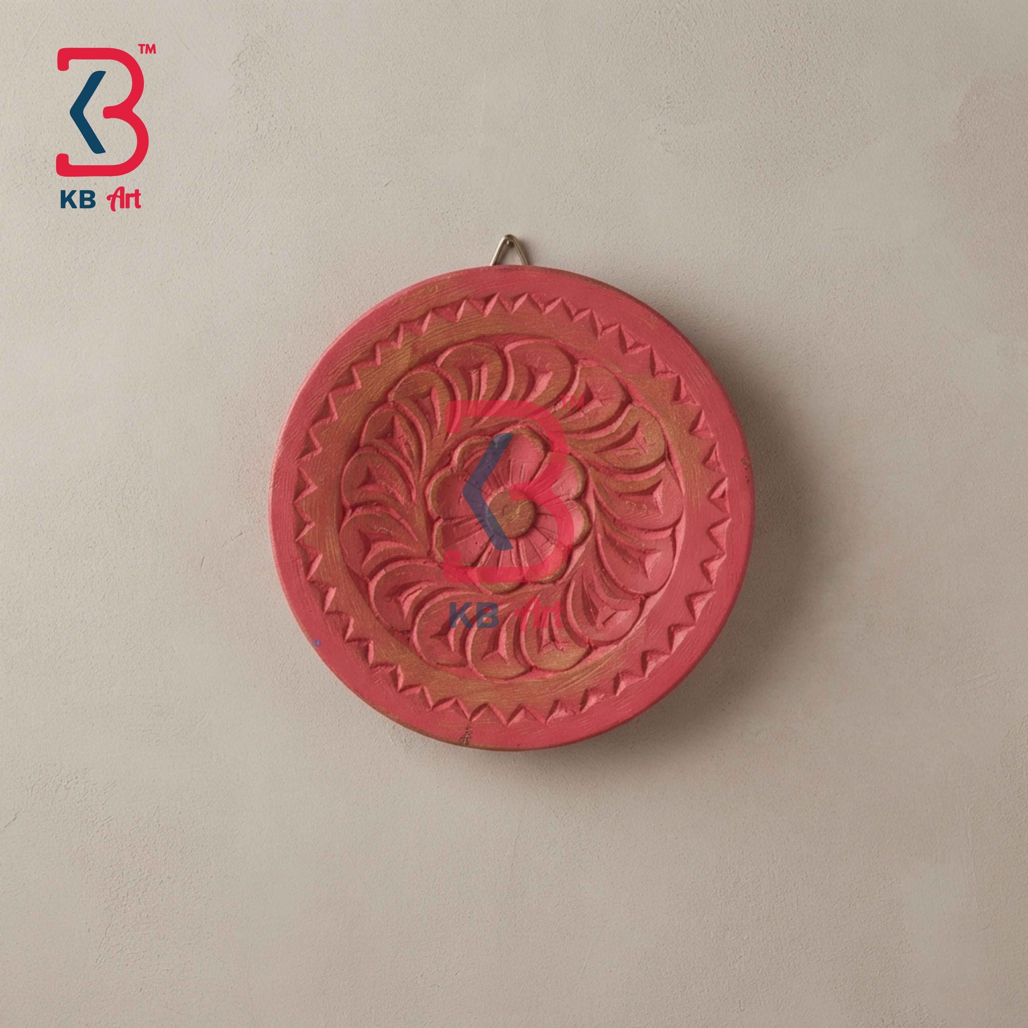 KB ART 12 Inch Handcrafted Wooden Carved Wall Plate Coral Rose Red Distressed Mandala Floral Panel Wall Decor