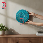 KB ART Lotus motif carved wood wall hanging plaque turquoise colour – original product photo on white background