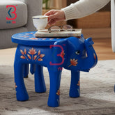 KB ART Wooden Elephant Stool KB-5102 - embossed finish featuring elephant motif design, handmade Jodhpur wood decor