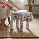 KB ART Wooden Elephant Stool KB-5103 - hand finished finish featuring elephant motif design, handmade Jodhpur wood decor