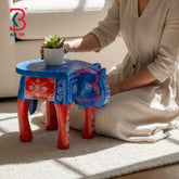 KB ART Wooden Elephant Stool KB-5105 - hand finished finish featuring elephant motif design, handmade Jodhpur wood decor