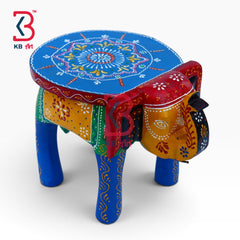 KB ART Wooden Elephant Stool KB-5106 - hand finished finish featuring elephant motif design, handmade Jodhpur wood decor