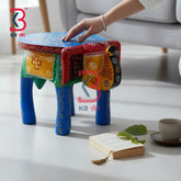 KB ART Wooden Elephant Stool KB-5106 - hand finished finish featuring elephant motif design, handmade Jodhpur wood decor