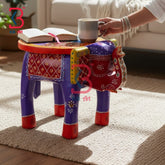 KB ART Wooden Elephant Stool KB-5107 - hand finished finish featuring elephant motif design, handmade Jodhpur wood decor