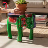 KB ART Wooden Elephant Stool KB-5108 - hand finished finish featuring elephant motif design, handmade Jodhpur wood decor