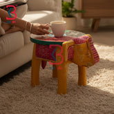 KB ART Wooden Elephant Stool KB-5110 - hand finished finish featuring elephant motif design, handmade Jodhpur wood decor
