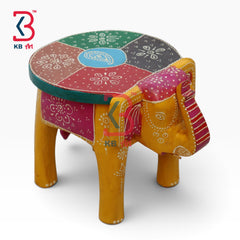 KB ART Wooden Elephant Stool KB-5110 - hand finished finish featuring elephant motif design, handmade Jodhpur wood decor