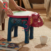 KB ART Wooden Elephant Stool KB-5111 - hand finished finish featuring elephant motif design, handmade Jodhpur wood decor