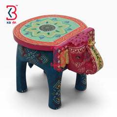 KB ART Wooden Elephant Stool KB-5111 - hand finished finish featuring elephant motif design, handmade Jodhpur wood decor