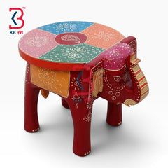 KB ART Wooden Elephant Stool KB-5112 - hand finished finish featuring elephant motif design, handmade Jodhpur wood decor