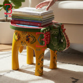 KB ART Wooden Elephant Stool KB-5113 - hand finished finish featuring elephant motif design, handmade Jodhpur wood decor