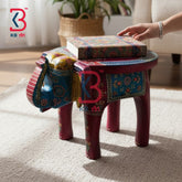 KB ART Wooden Elephant Stool KB-5115 - hand finished finish featuring elephant motif design, handmade Jodhpur wood decor