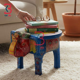 KB ART Wooden Elephant Stool KB-5116 - hand finished finish featuring elephant motif design, handmade Jodhpur wood decor
