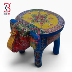 KB ART Wooden Elephant Stool KB-5116 - hand finished finish featuring elephant motif design, handmade Jodhpur wood decor
