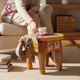 KB ART Wooden Elephant Stool KB-5117 - handcrafted finish featuring elephant motif design, handmade Jodhpur wood decor