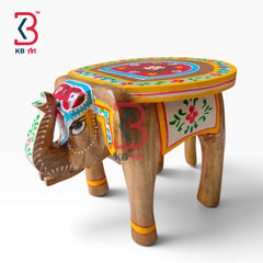 KB ART Wooden Elephant Stool KB-5117 - handcrafted finish featuring elephant motif design, handmade Jodhpur wood decor