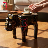 Embossed Work Wooden Elephant Pooja Room Chowki Indian Home Decor Styling Traditional Artisan Furniture Accent Display Puja Mandir Ritual Festive