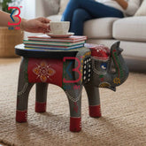 Hand Carved Solid Wood Elephant Sitting Stool Indian Home Decor Styling Traditional Artisan Furniture Accent Display Puja Mandir Ritual Festive