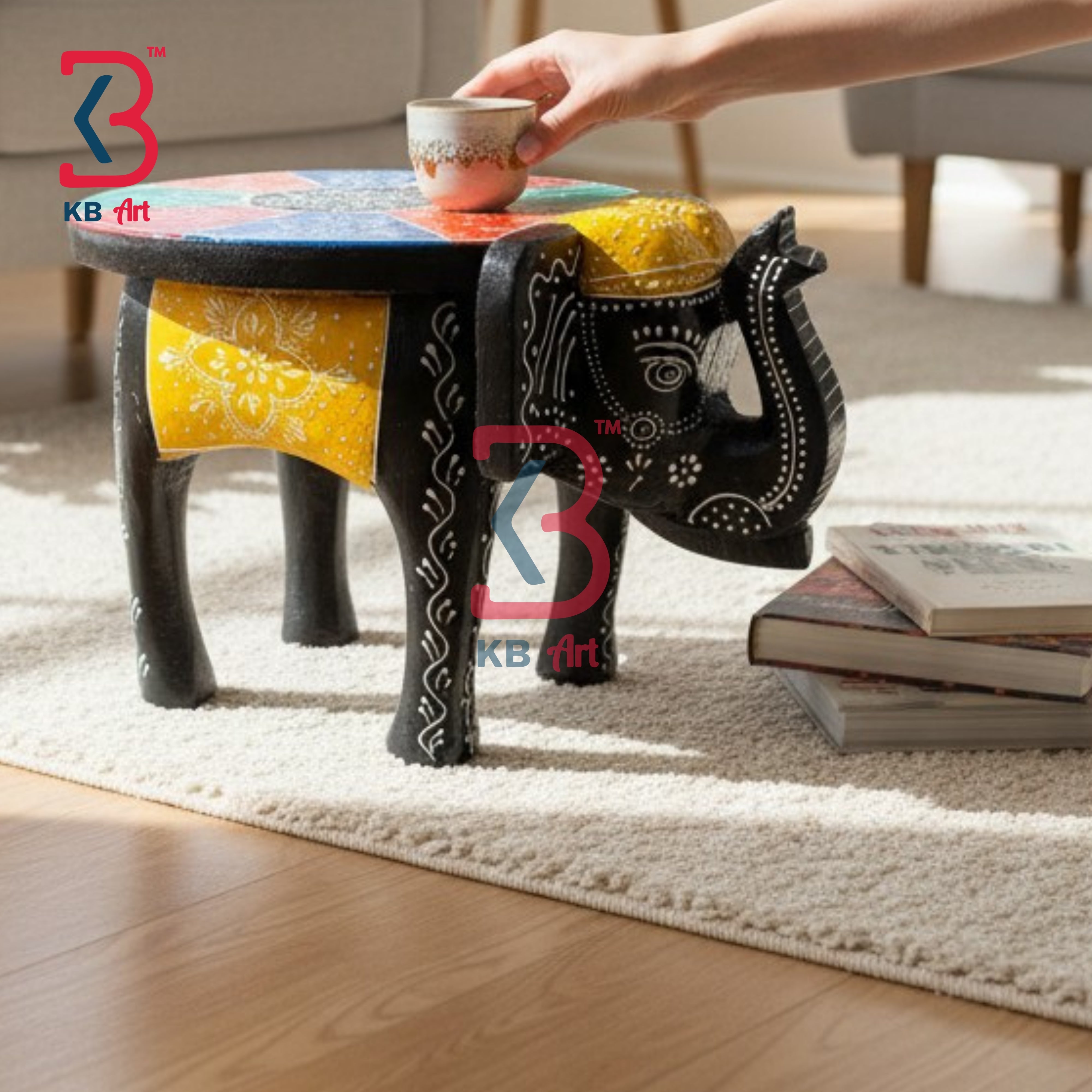 KB ART Wooden Elephant Stool KB-5120 - hand finished finish featuring elephant motif design, handmade Jodhpur wood decor