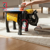 KB ART Wooden Elephant Stool KB-5120 - hand finished finish featuring elephant motif design, handmade Jodhpur wood decor