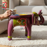 KB ART Wooden Elephant Stool KB-5123 - hand painted finish featuring elephant motif design, handmade Jodhpur wood decor