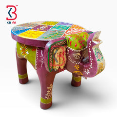 KB ART Wooden Elephant Stool KB-5123 - hand painted finish featuring elephant motif design, handmade Jodhpur wood decor
