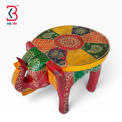 KB ART Wooden Elephant Stool KB-5126 - hand finished finish featuring elephant motif design, handmade Jodhpur wood decor