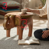 KB ART Wooden Elephant Stool KB-5128 - hand finished finish featuring elephant motif design, handmade Jodhpur wood decor